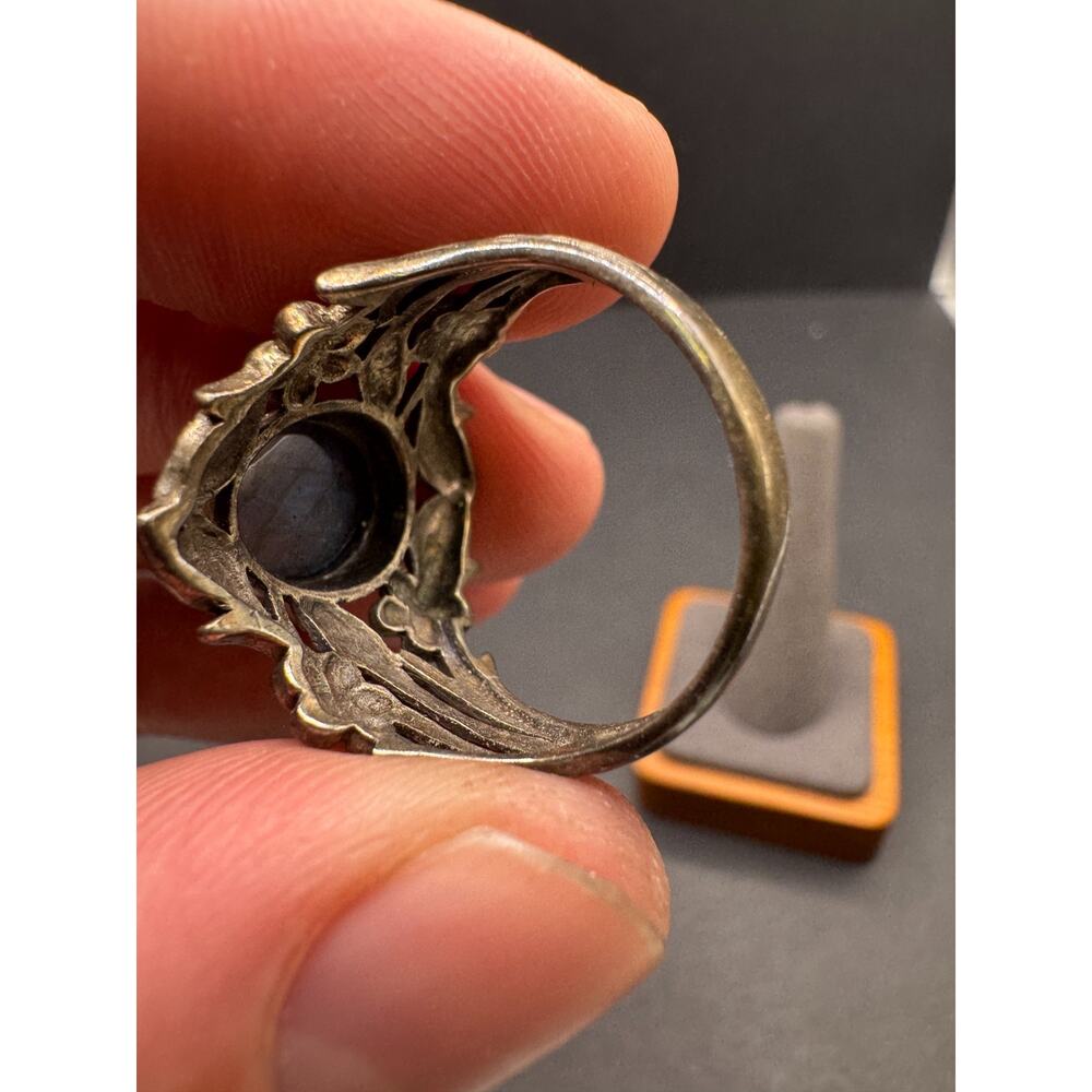 Vintage 925 Sterling Silver Labradorite Ring Art Nouveau Floral Leaf Band Sz 10 - Picture 5 of 9